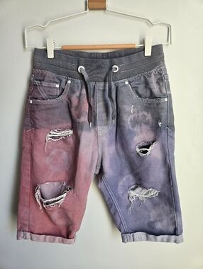 FSBN Tie-Dye Distressed Drawstring Denim Shorts - Pink & Blue